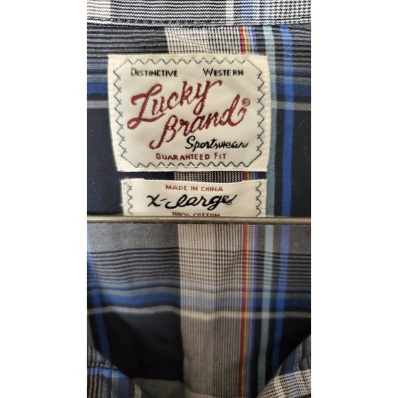 Lucky Brand Western Shirt  Pearl Snap Mens Extra Large Black White Blue Plaid - Picture 4 of 7